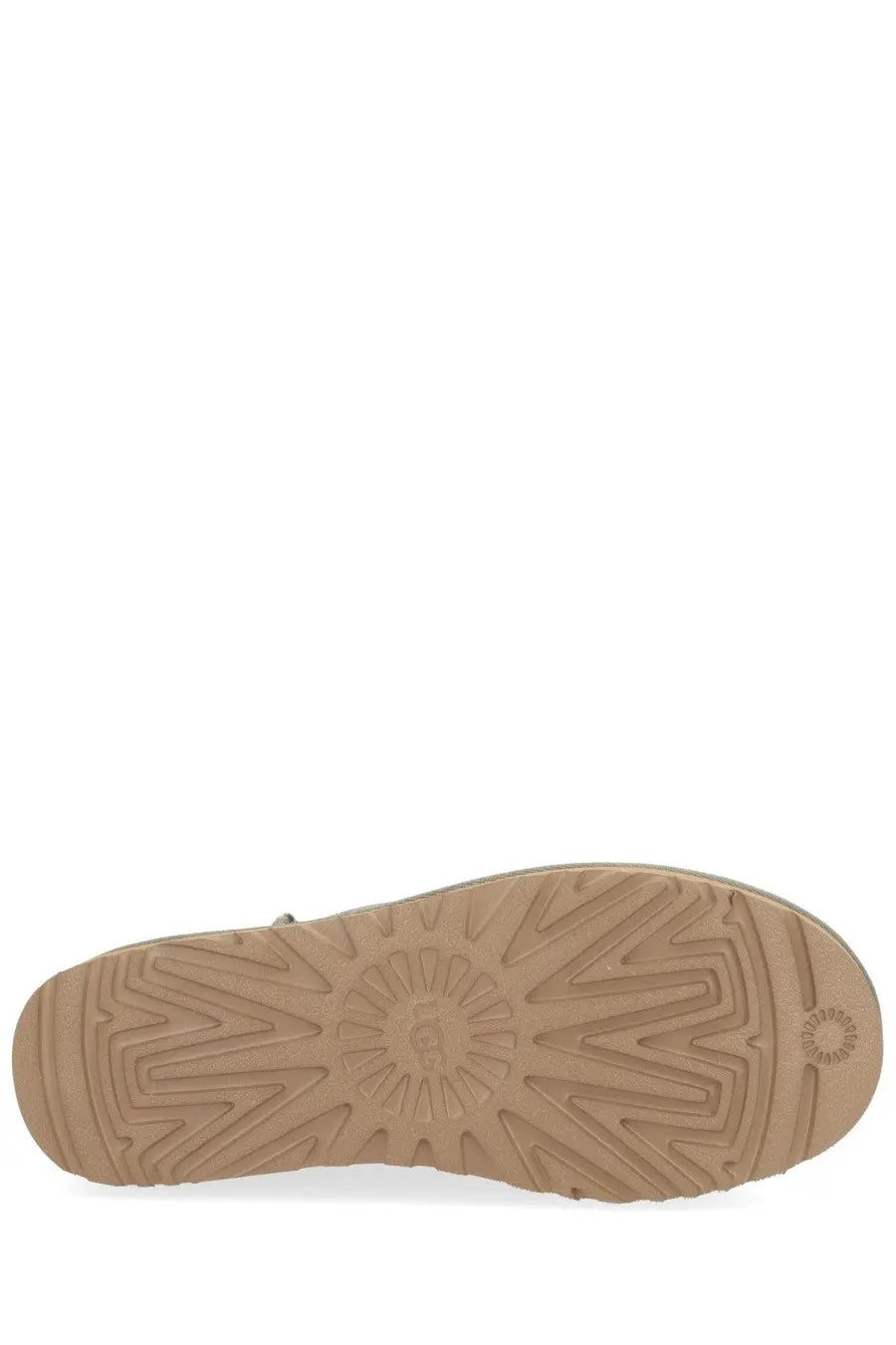 Back view of ugg women’s classic ultra mini green boot with tan rubber sole and sunburst tread pattern embossed ugg logo
