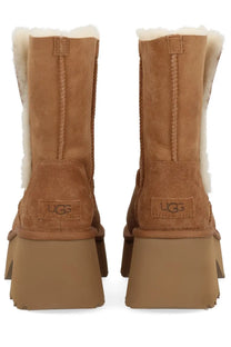Ugg women’s boot esmee brown tan suede with plush white shearling lining and chunky brown platform sole