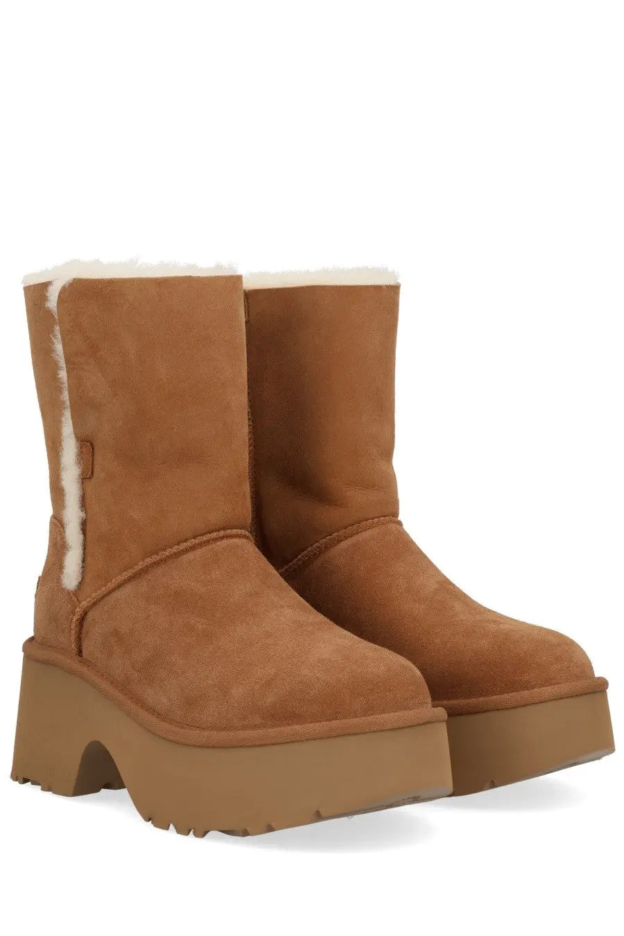 Ugg women’s Esmee brown tan suede boot with plush white shearling lining and chunky platform sole