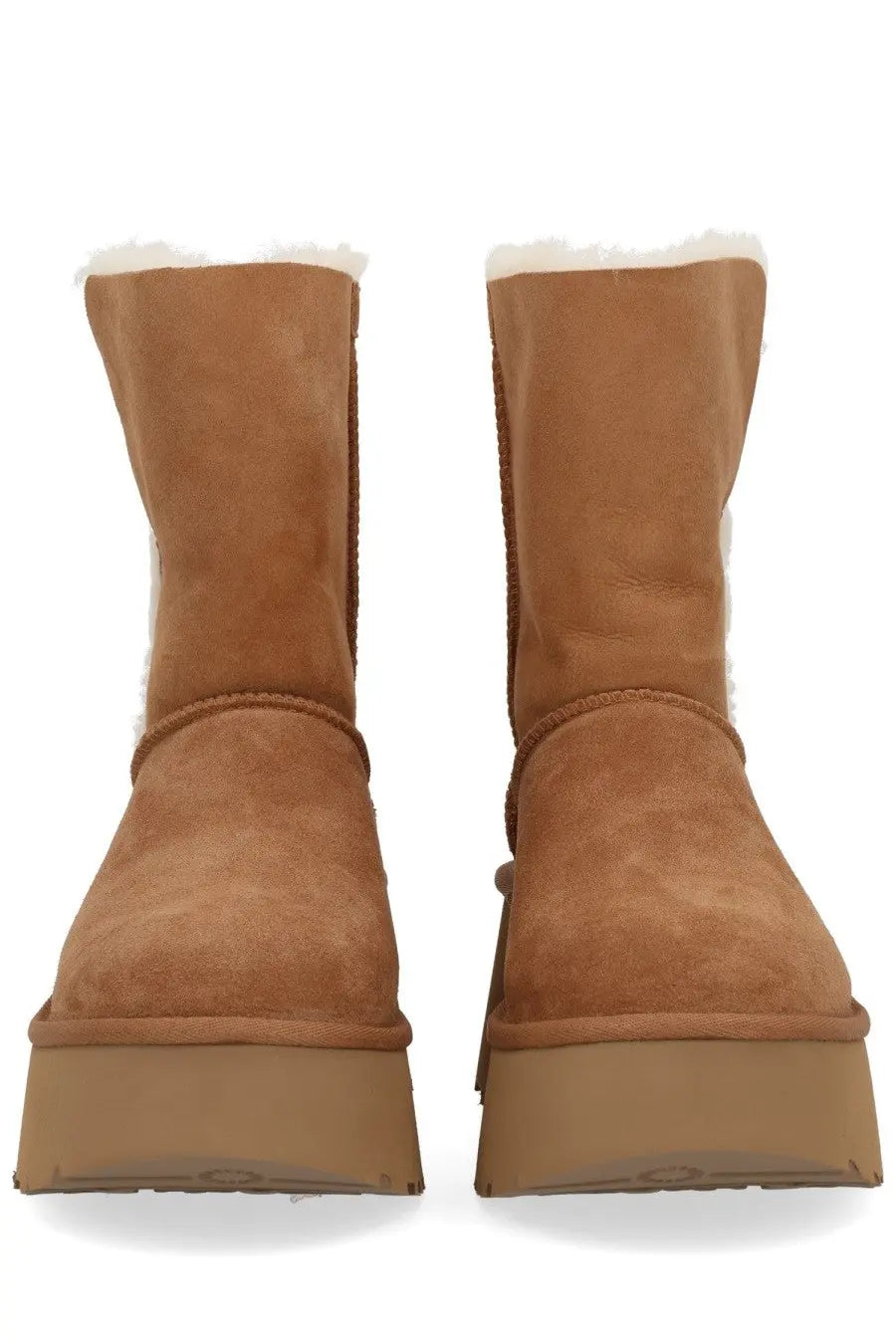 Ugg women’s boot Esmee brown tan suede with white shearling lining and chunky platform sole front view