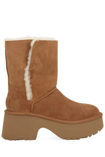 Ugg women’s boot esmee brown tan suede with white shearling lining and chunky platform sole displayed from the back
