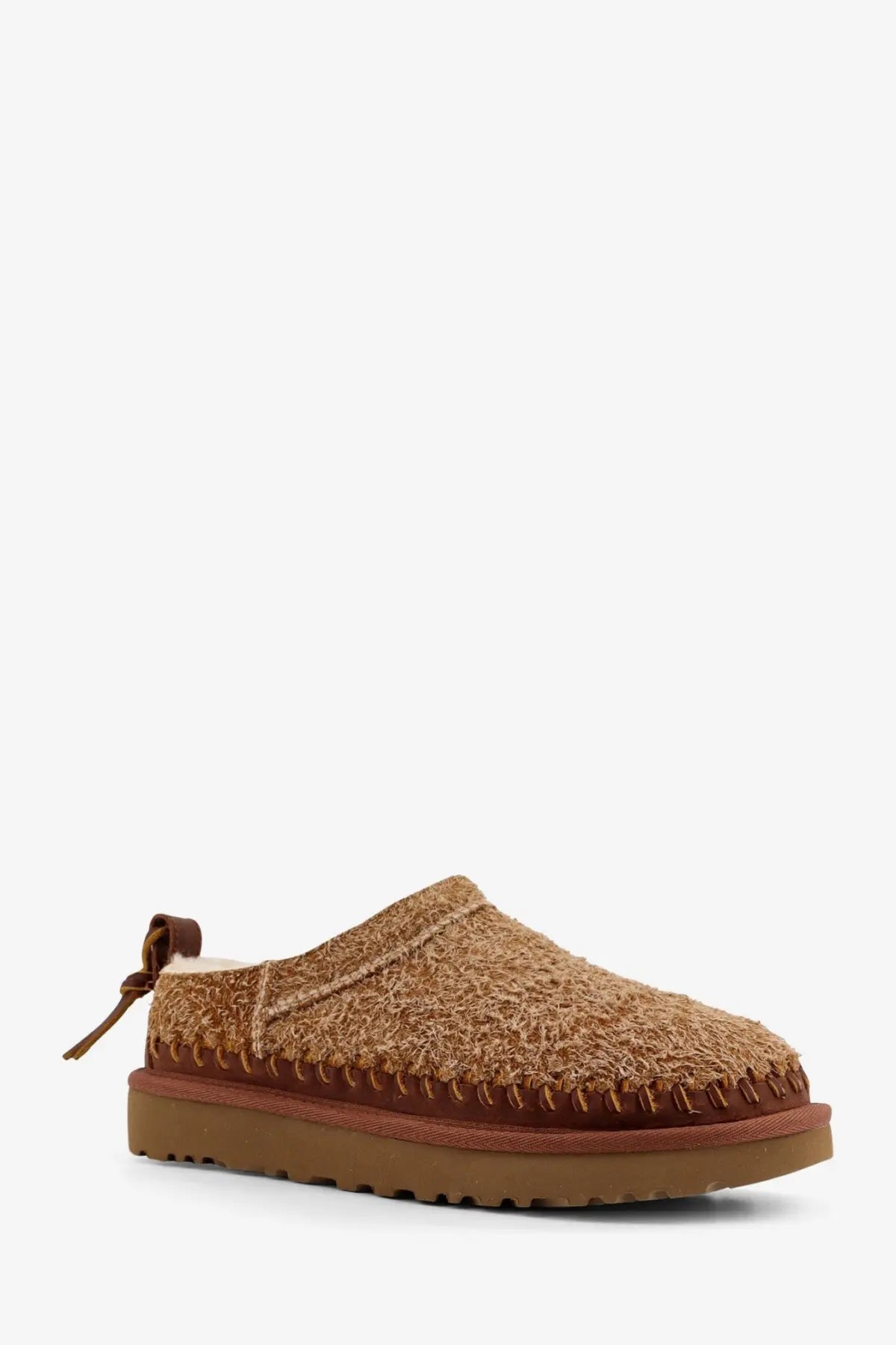 Tan ugg women’s classic micro biarritz suede slip brown slip-on mule with fuzzy shearling upper and brown leather trim