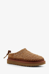 Tan ugg women’s classic micro biarritz suede slip brown slip-on mule with fuzzy shearling upper and brown leather trim