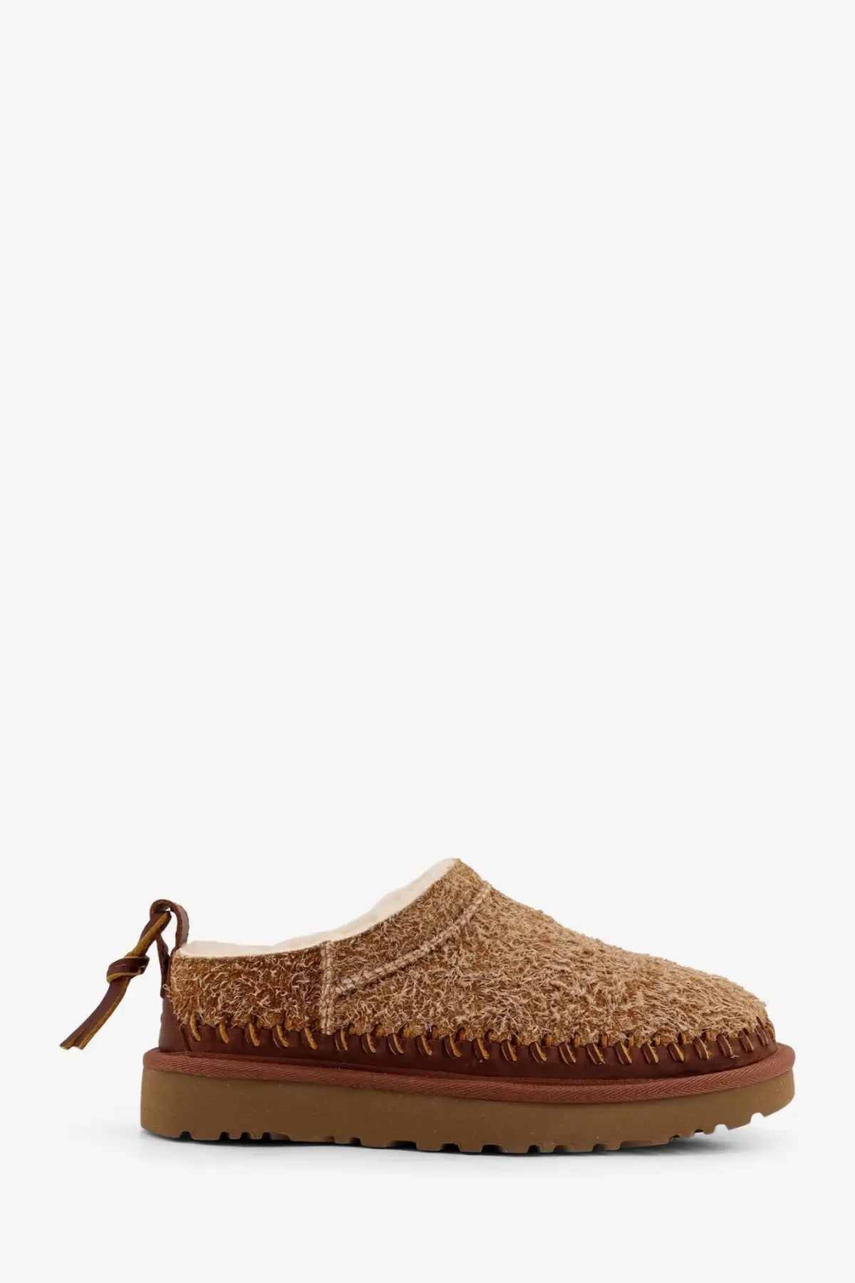 Ugg women’s classic micro biarritz brown suede slip-on mule with tan plush shearling lining and leather trim