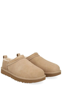 Ugg women’s classic micro boots beige suede slip-on moccasins with plush shearling lining and tan rubber sole