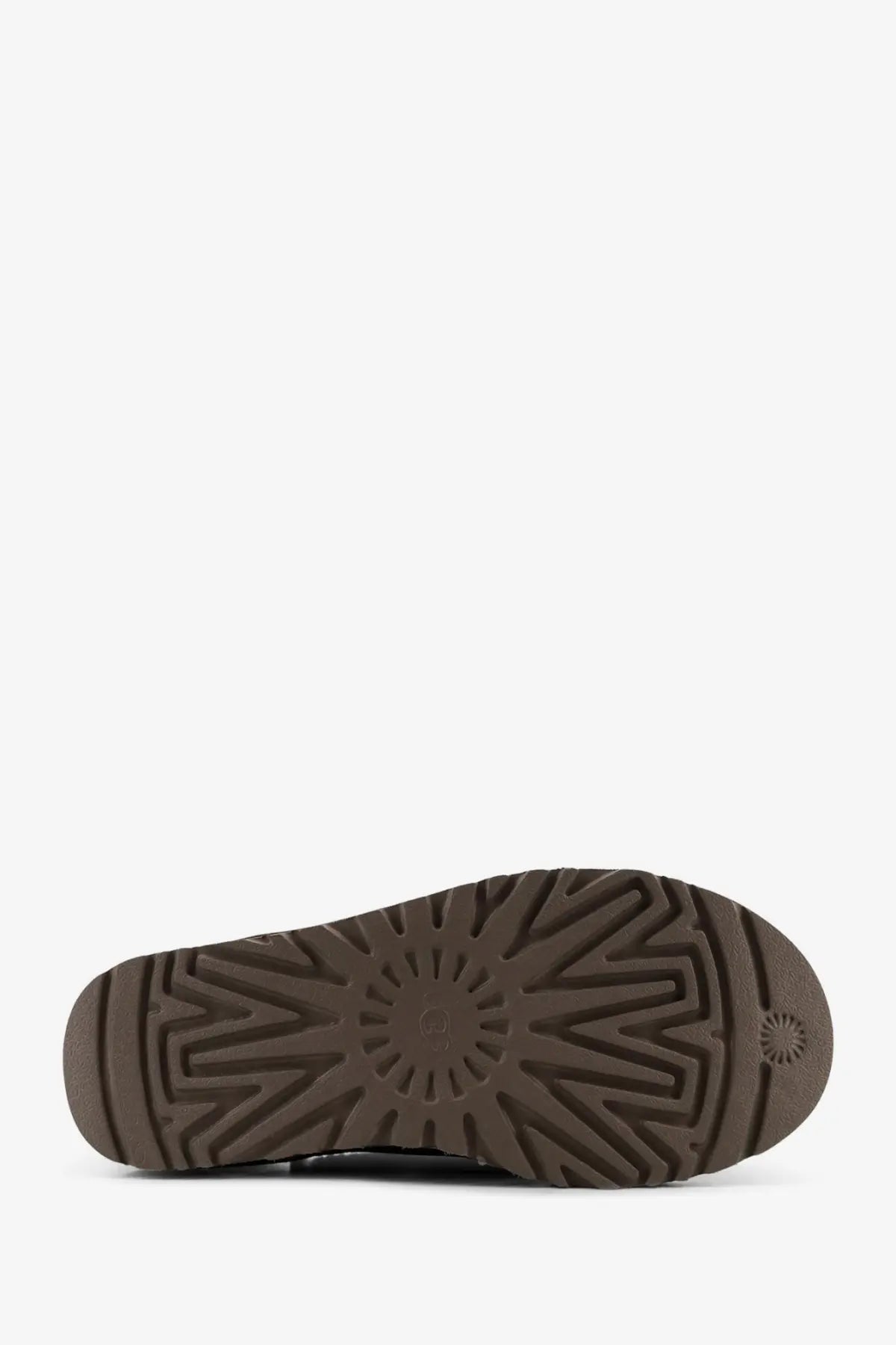 Back view of ugg women’s classic micro suede sandals featuring a brown rubber sole with radiating tread pattern and ugg logo