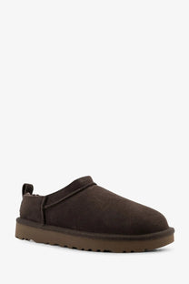 Ugg women’s classic micro suede sandals in brown featuring a plush interior and durable rubber sole slip-on design