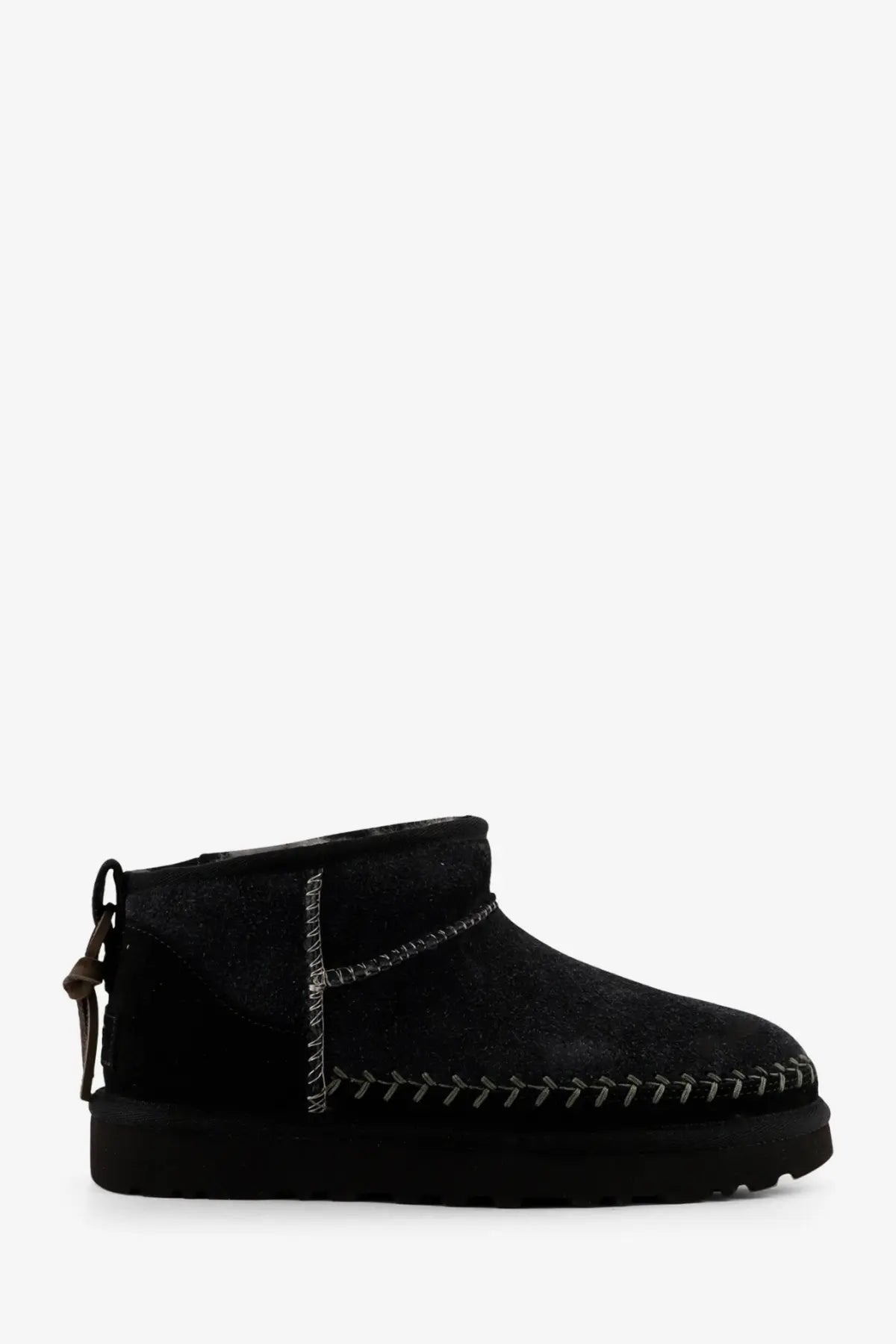 Ugg women’s classic ultra mini biarritz black suede ankle boot with silver stitching and back pull tab shown from rear