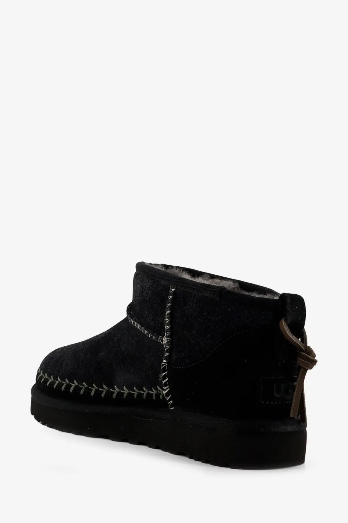 Ugg women’s classic ultra mini biarritz suede ankle boots in black with contrasting gray stitching and plush shearling lining