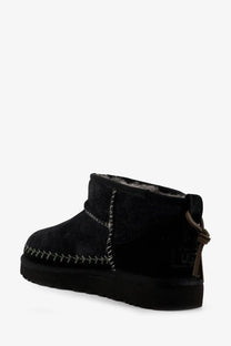 Ugg women’s classic ultra mini biarritz suede ankle boots in black with contrasting gray stitching and plush shearling lining