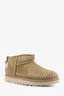 Ugg womens classic ultra mini biarritz tan suede ankle boot with cream stitching and matching rubber sole