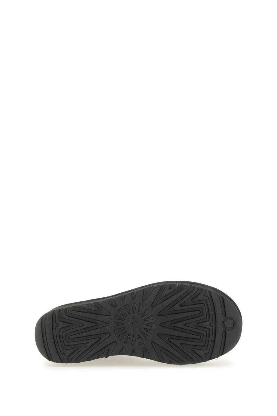 Back side of ugg women’s classic ultra mini boot black showing black rubber sole with starburst tread and ugg logo embossed