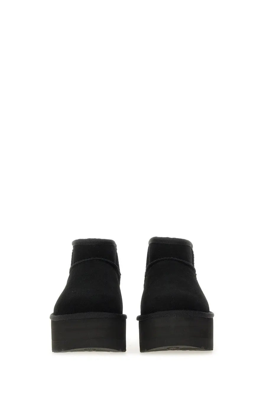 Ugg women’s classic ultra mini black ankle boots with black suede and thick platform soles visible from back side