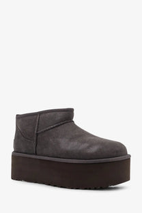 Ugg women’s classic ultra mini platform suede ankle boots in dark gray with a thick dark brown rubber sole