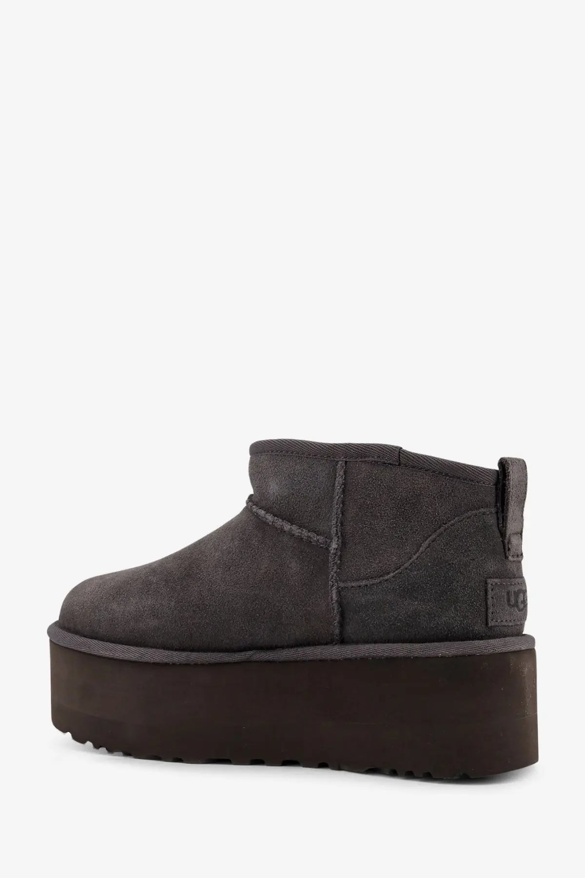 Ugg women’s classic ultra mini platform suede ankle boot in dark gray with thick dark brown rubber sole