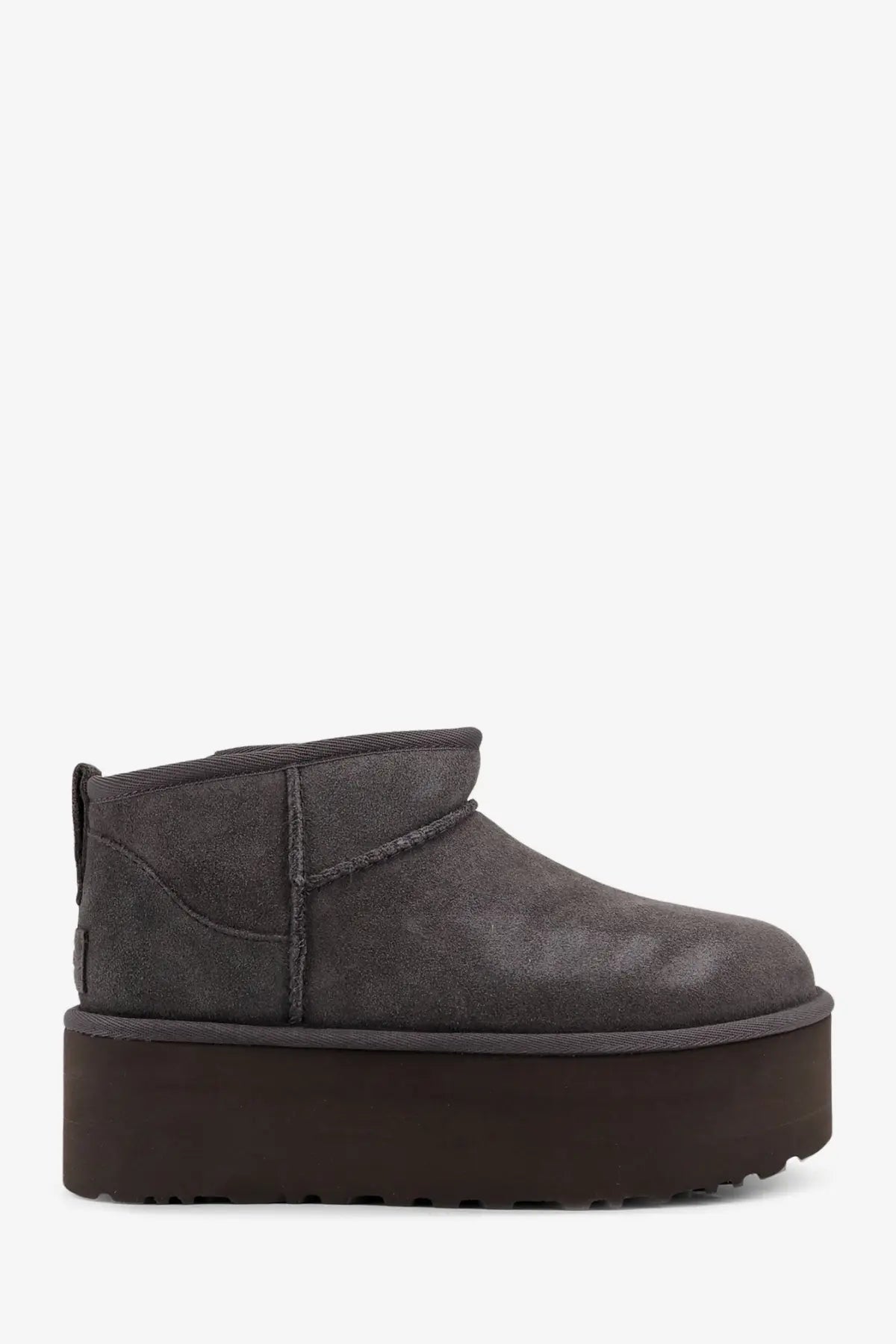 Ugg women’s classic ultra mini platform ankle boot in dark gray suede with thick brown sole