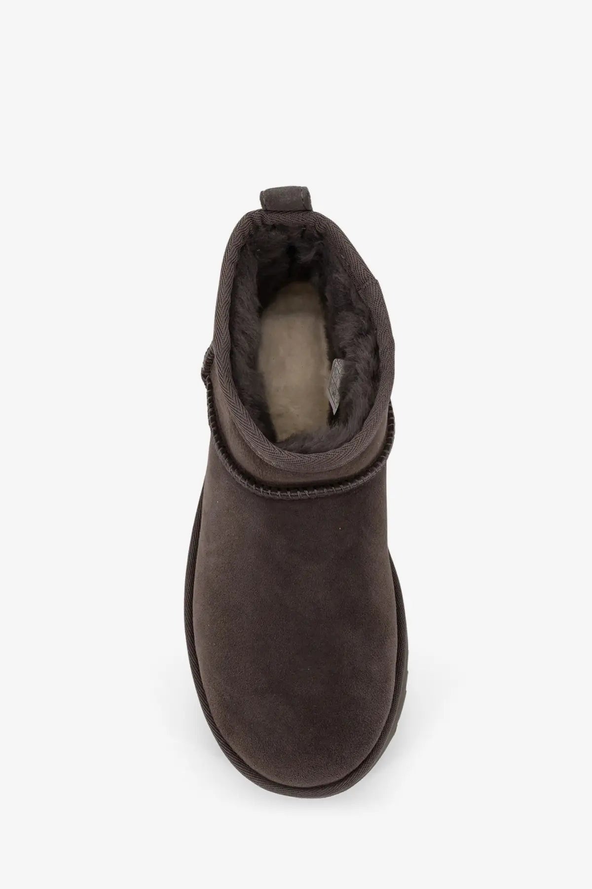 Ugg women’s classic ultra mini ankle boots in grey suede with plush shearling lining and rounded toe
