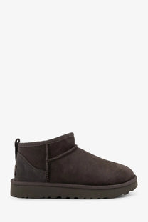 Ugg women’s classic ultra mini suede ankle boots in dark brown with soft plush interior and sturdy rubber sole