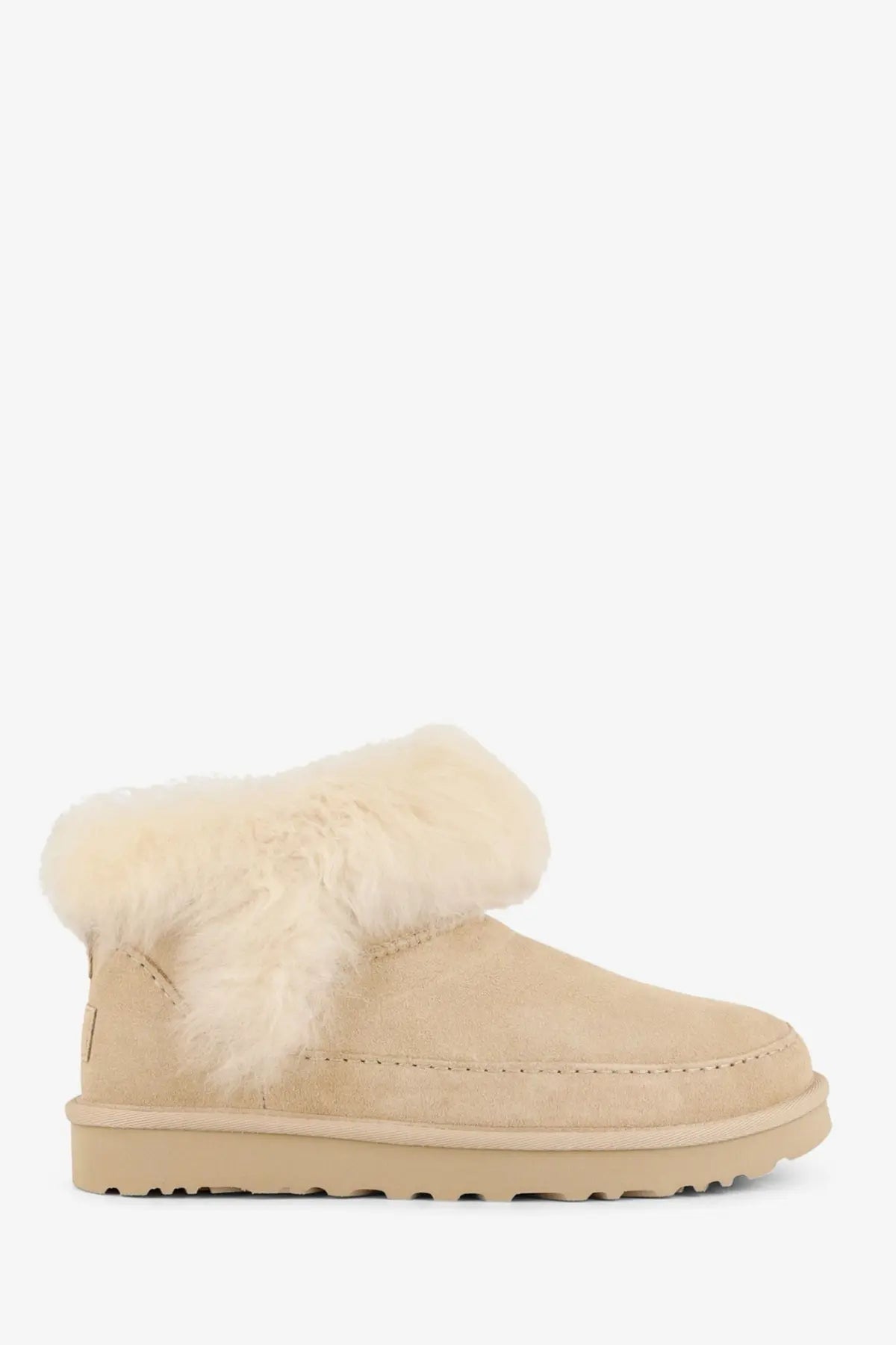 Beige ugg women’s classic ultra mini suede boot with plush cream-colored shearling lining