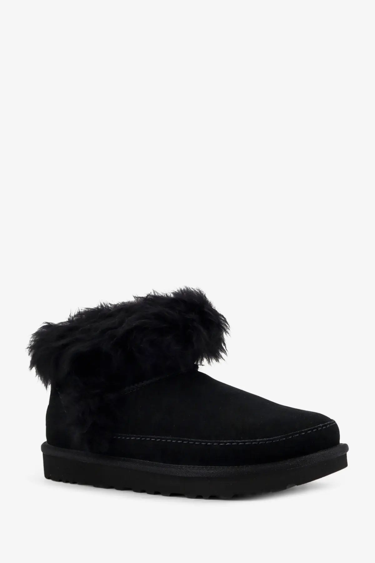 Black ugg women’s classic ultra mini suede boots with plush fluffy fur trim and suede upper visible from the back side