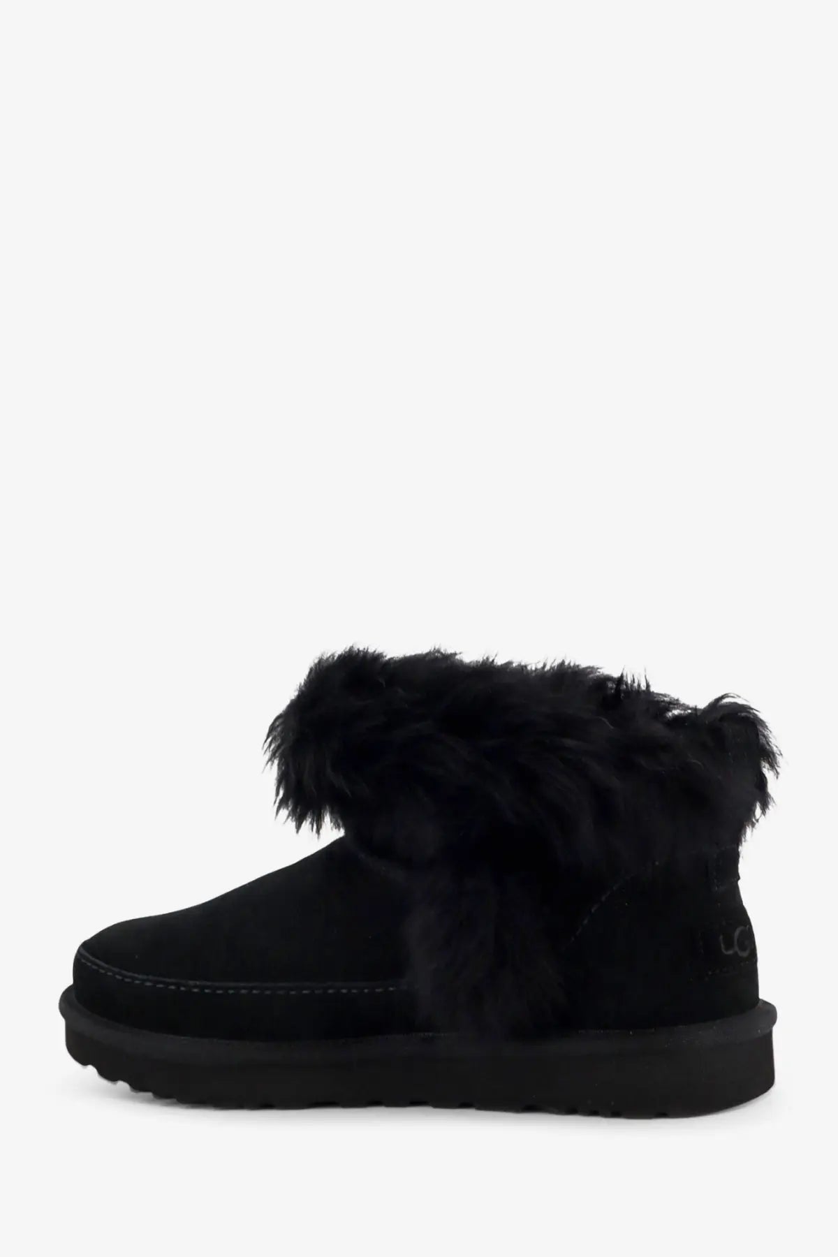 Black ugg women’s classic ultra mini suede boot with plush fluffy fur trim and suede upper