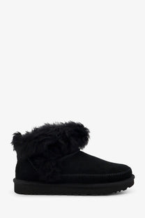 Ugg women’s classic ultra mini suede boots in black with plush fluffy lining and soft suede upper