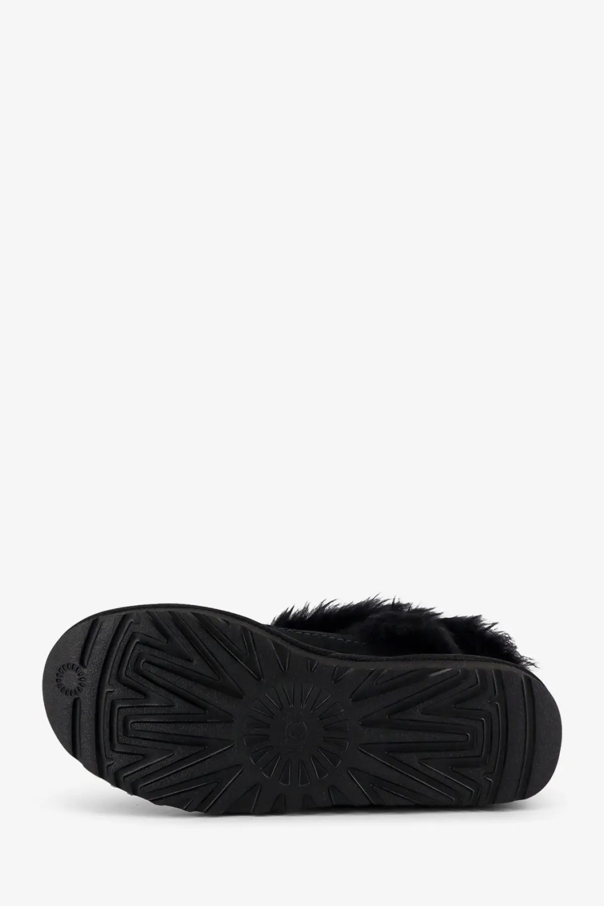Ugg women’s classic ultra mini suede boot in black with plush fur trim and textured rubber sole front view