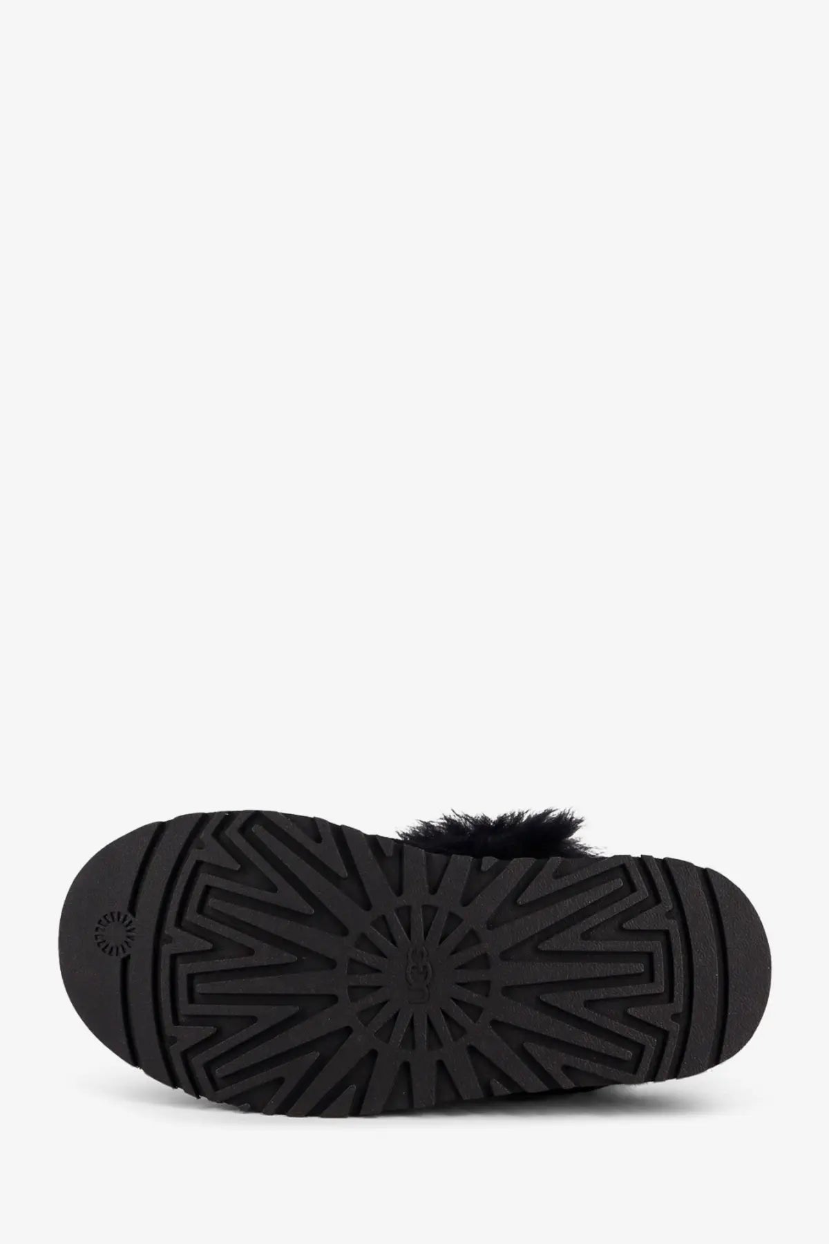Ugg women’s disquette chalet suede mules in black with plush fur trim and textured rubber sole