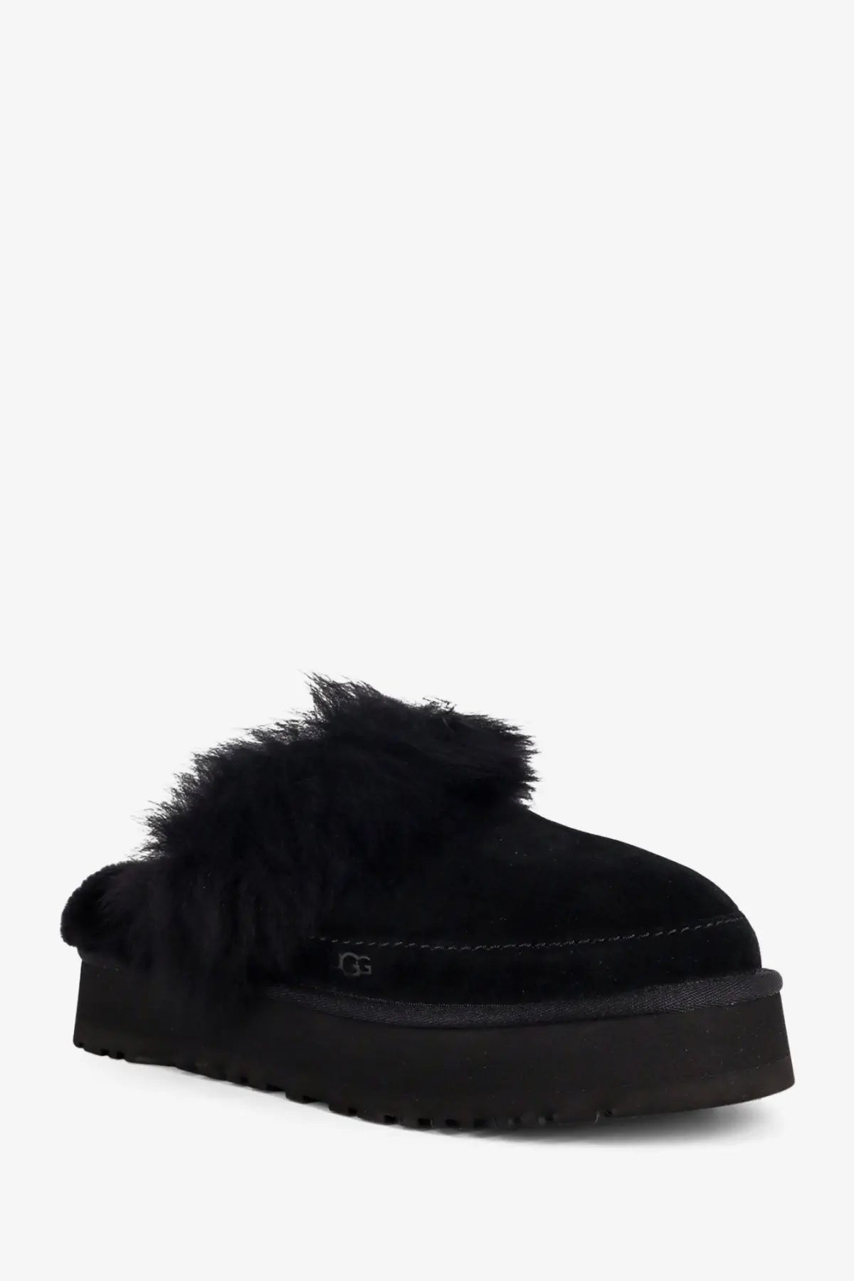 Ugg women’s disquette chalet black suede mules with plush shearling lining and thick platform sole