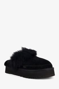 Ugg women’s disquette chalet black suede mules with plush shearling lining and thick platform sole