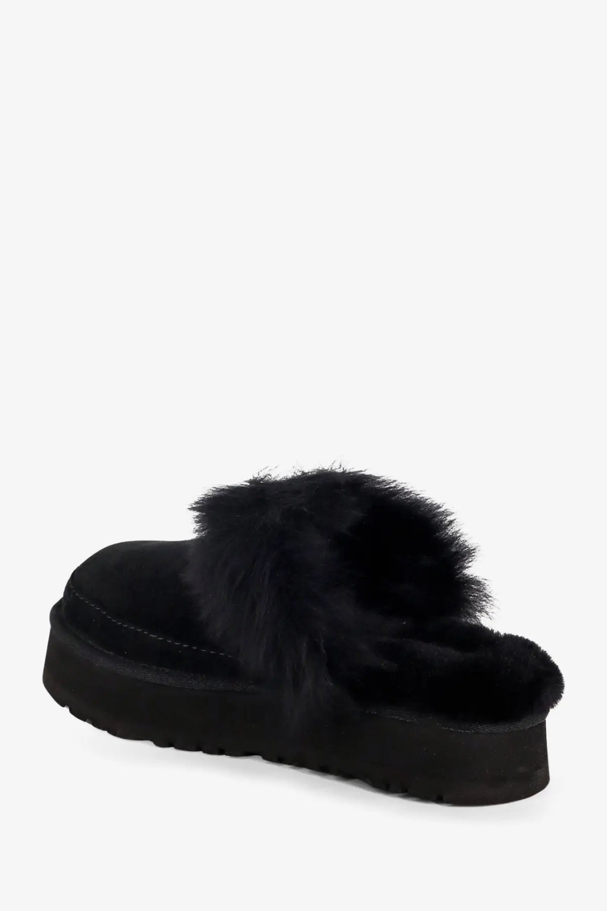 Ugg women’s disquette chalet black suede mule with plush shearling lining and thick platform sole