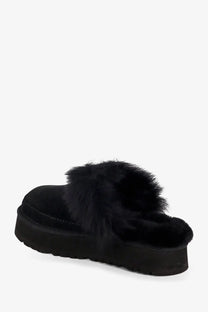 Ugg women’s disquette chalet black suede mule with plush shearling lining and thick platform sole