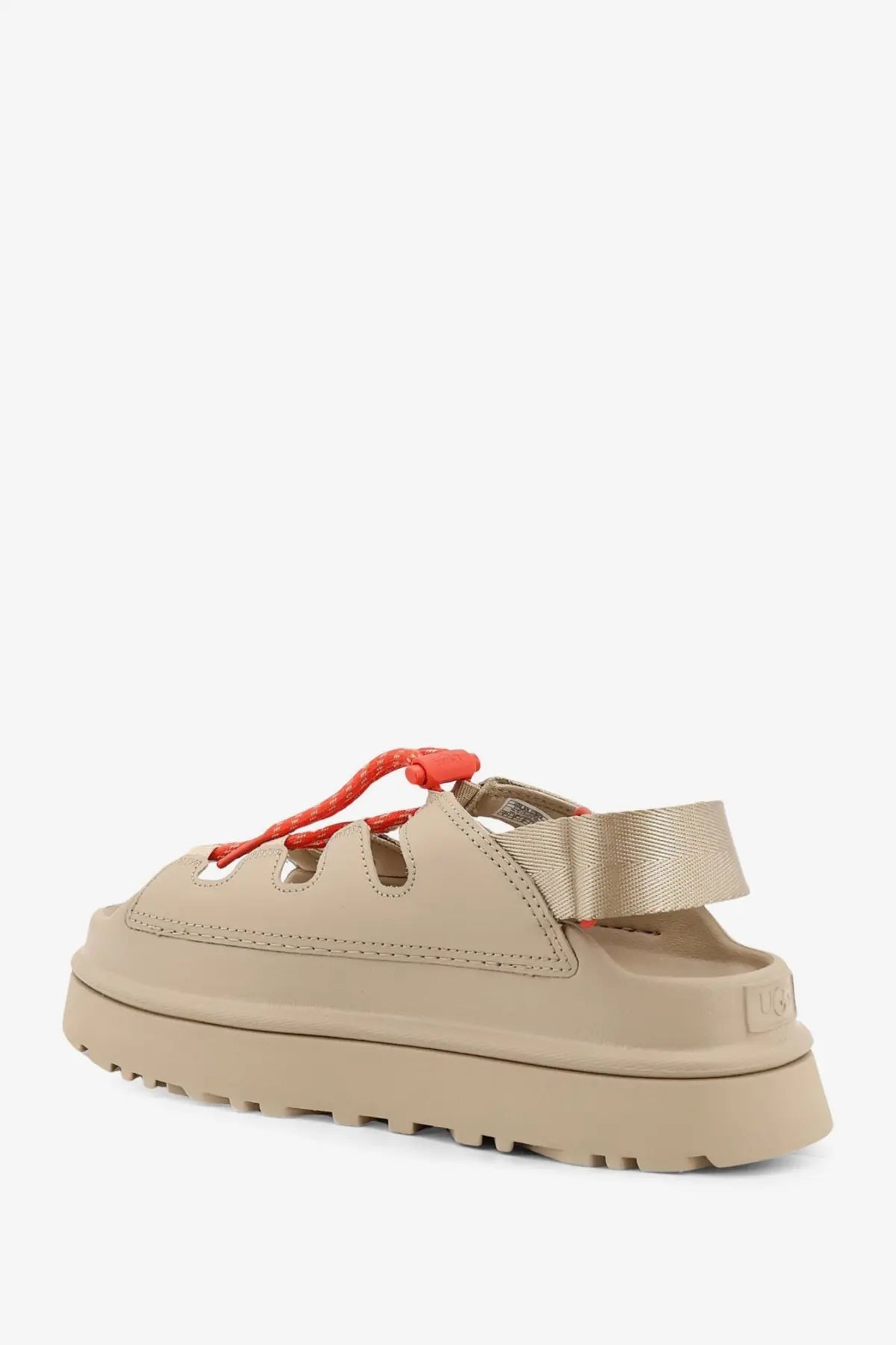 Beige ugg womens goldenglow leather platform sandal with orange laces woven strap and ugg logo on the heel back side