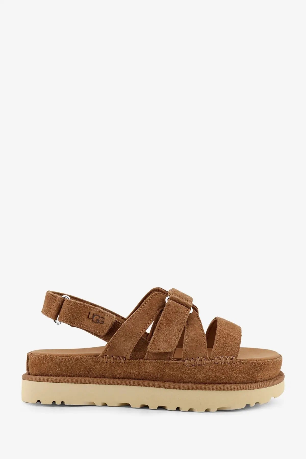 Ugg women’s goldenstar gleam sandals in brown suede with platform sole and ugg logo on ankle strap