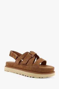 Ugg women’s goldenstar gleam sandal in brown suede with a chunky platform sole for stylish comfort
