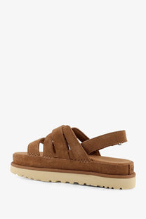 Ugg women’s goldenstar gleam sandal in tan suede with a chunky platform sole