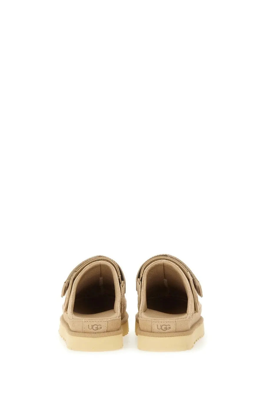 Ugg women’s goldenstar sabot beige mule sandals with velcro straps and cushioned sole for comfortable wear