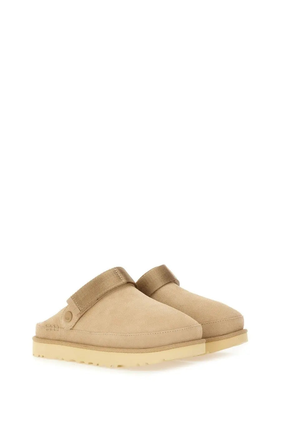 Ugg women’s goldenstar sabot beige suede clog sandals with matching strap and rubber sole