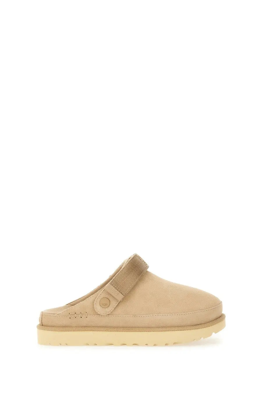Ugg women’s goldenstar sabot beige suede clog with cushioned sole and matching strap with buckle