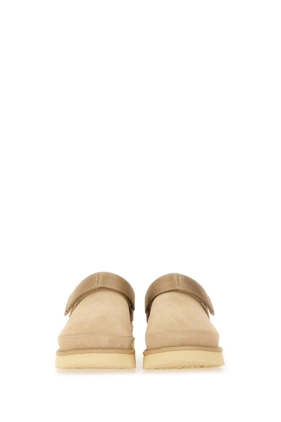 Ugg women’s goldenstar sabot beige suede moccasin slip-ons with a single strap across the instep