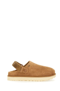 Ugg women’s goldenstar sabot brown tan suede clog with strap and cream rubber sole