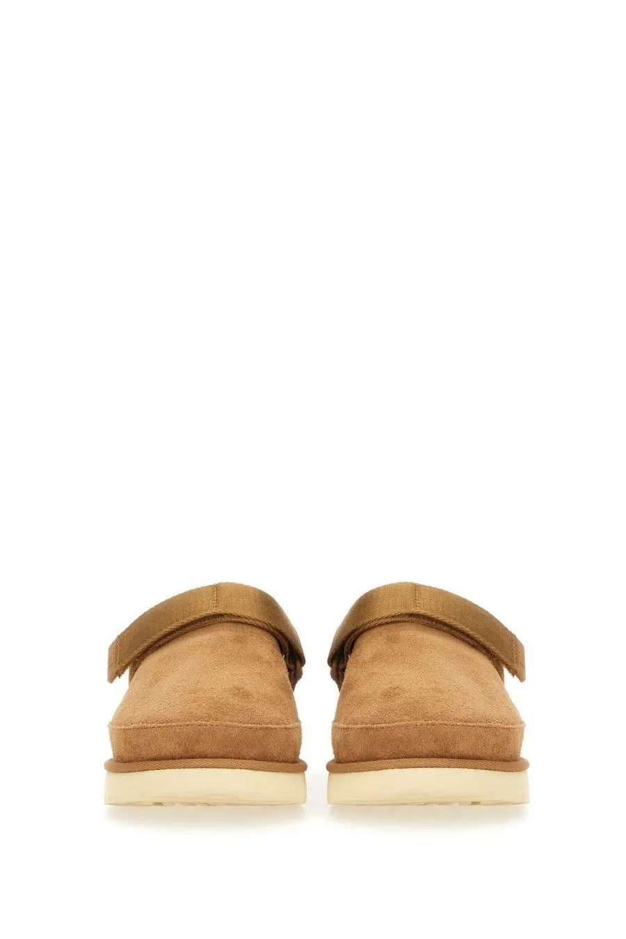 Ugg women’s goldenstar sabot brown tan suede moccasin slip-ons with velcro strap and cream rubber sole