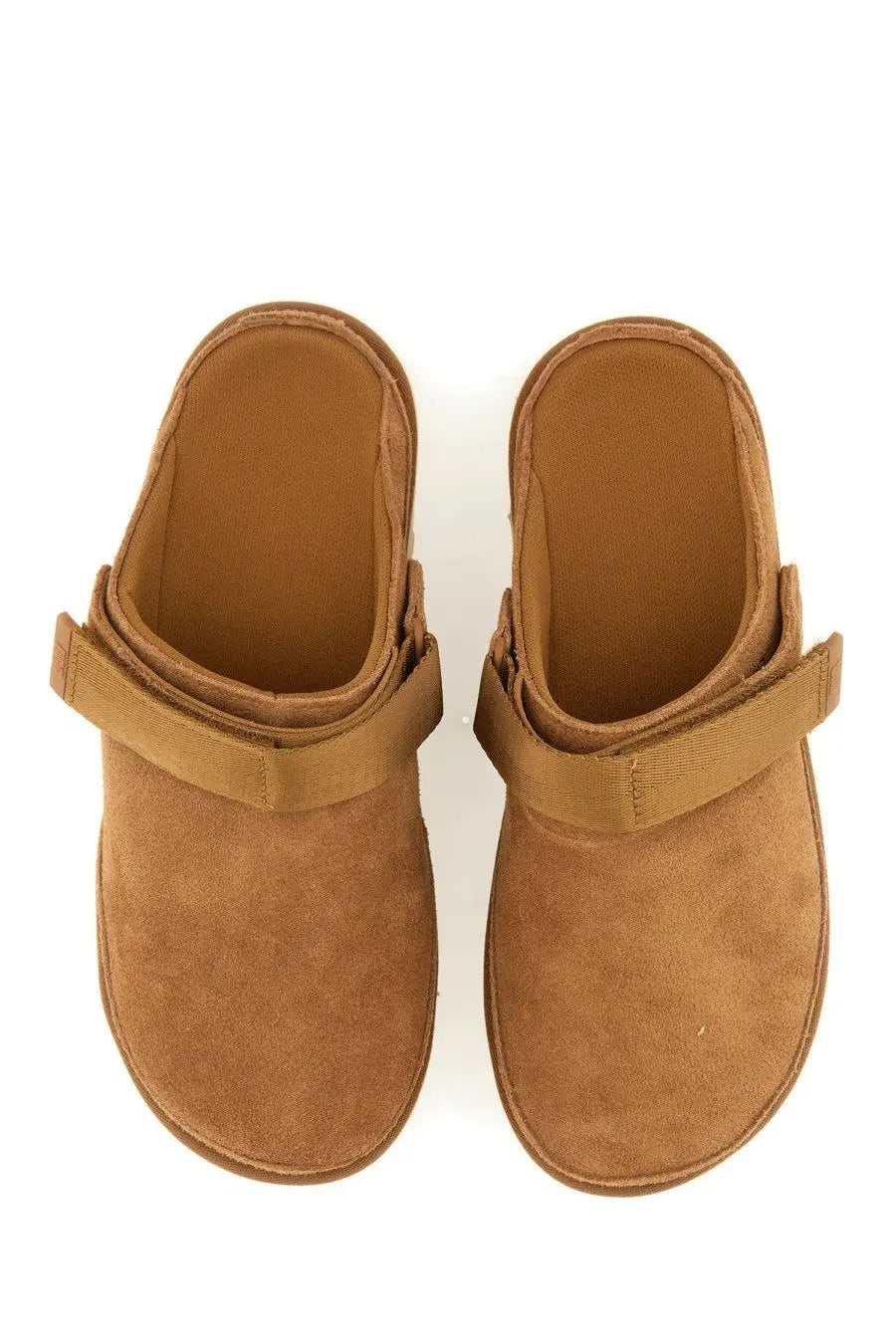 Ugg women’s goldenstar sabot brown tan suede moccasin-style slip-ons with wide strap across the foot