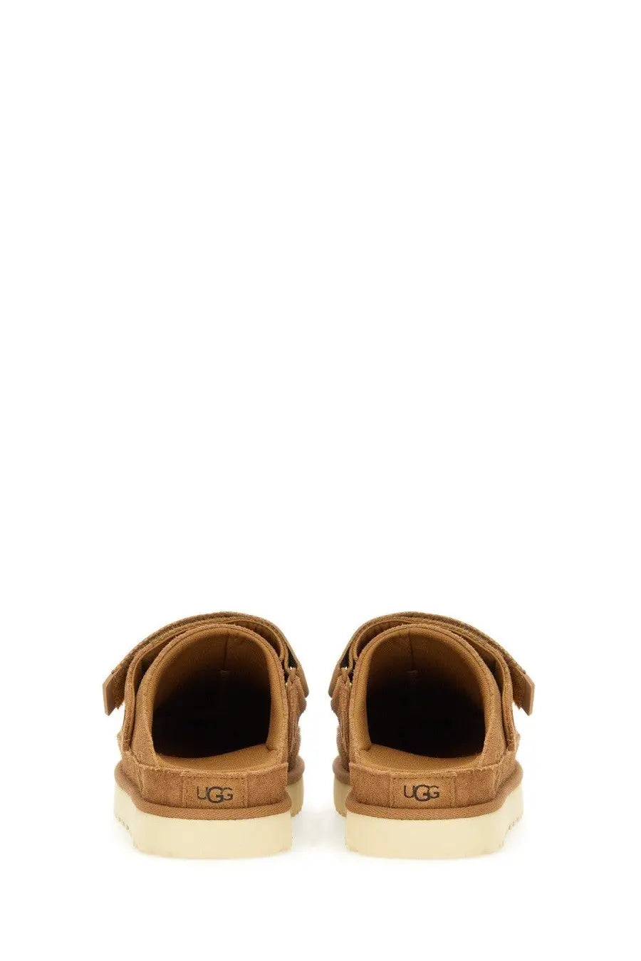 Ugg women’s goldenstar sabot brown tan suede mules with chunky off-white rubber sole and two adjustable velcro straps