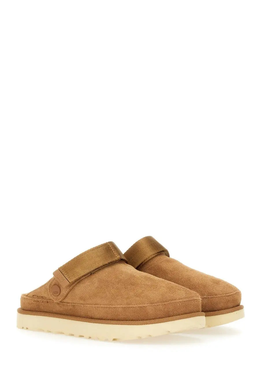 Ugg women’s goldenstar sabot brown tan suede slip-on clogs with velcro strap and cream rubber sole
