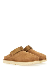 Ugg women’s goldenstar sabot brown tan suede slip-on clogs with velcro strap and cream rubber sole