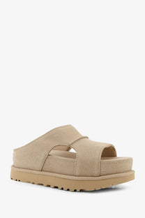 Ugg women’s goldenstar beige suede slide sandal with chunky platform sole for casual wear