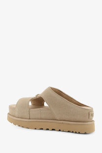 Ugg women’s goldenstar beige suede slide sandals with chunky rubber sole and dual straps