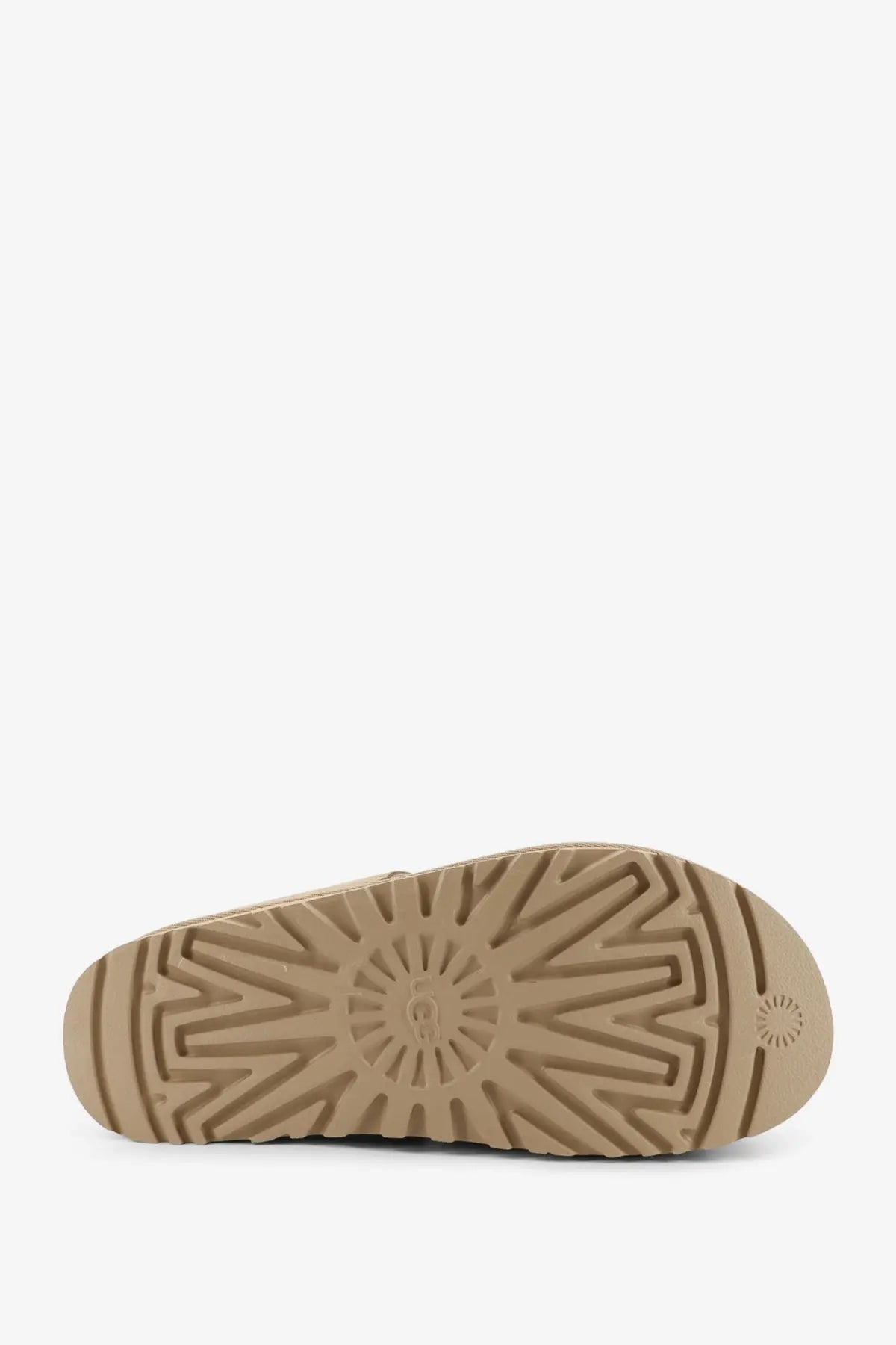 Tan rubber sole with distinctive radiating tread pattern and embossed ugg logo on ugg women’s goldenstar beige suede sandals