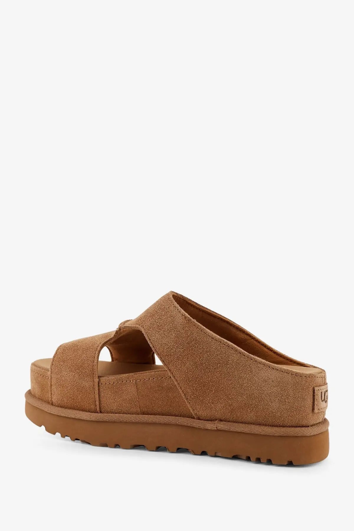 Ugg women’s goldenstar tan suede slide sandal with chunky rubber sole in brown for casual wear
